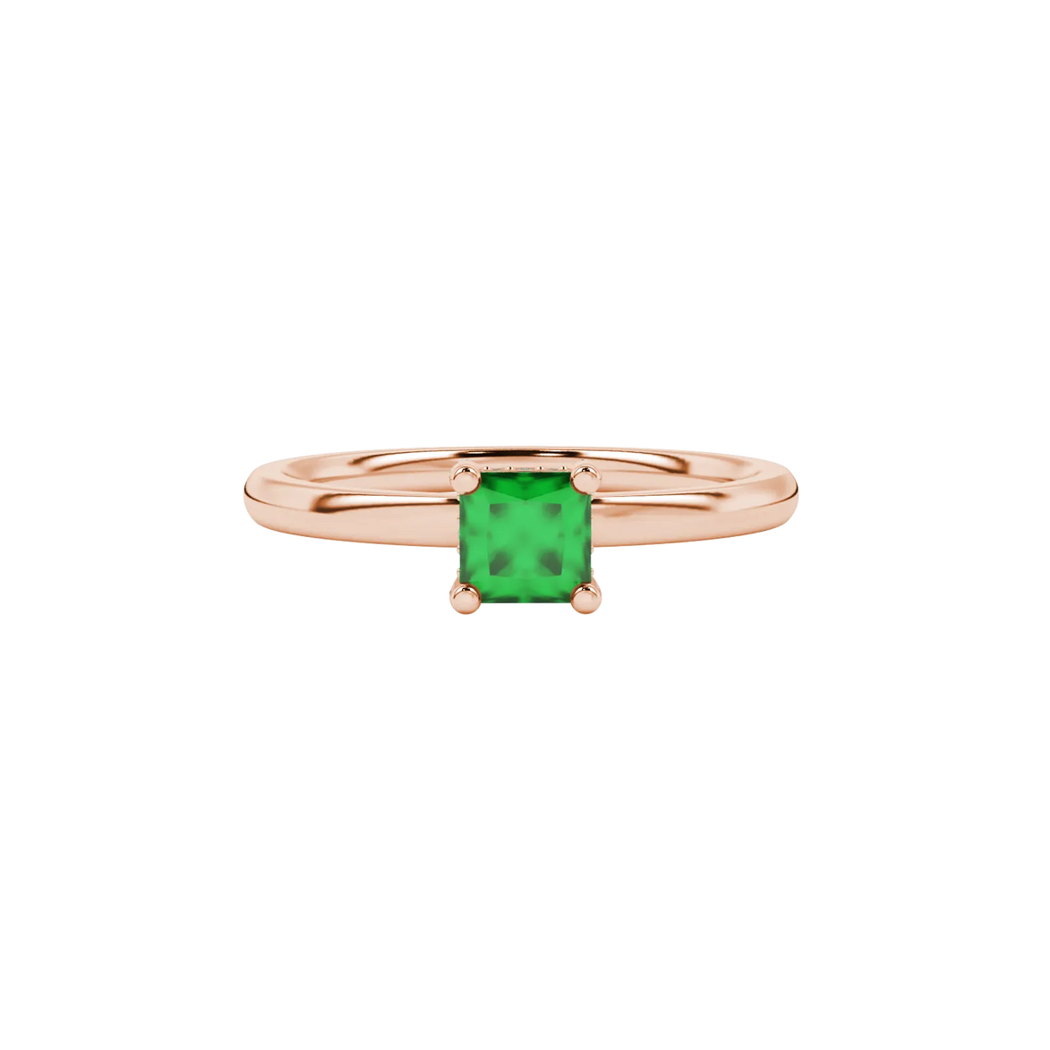 Close-up, princess emerald green gemstone ring, rose gold basket setting.