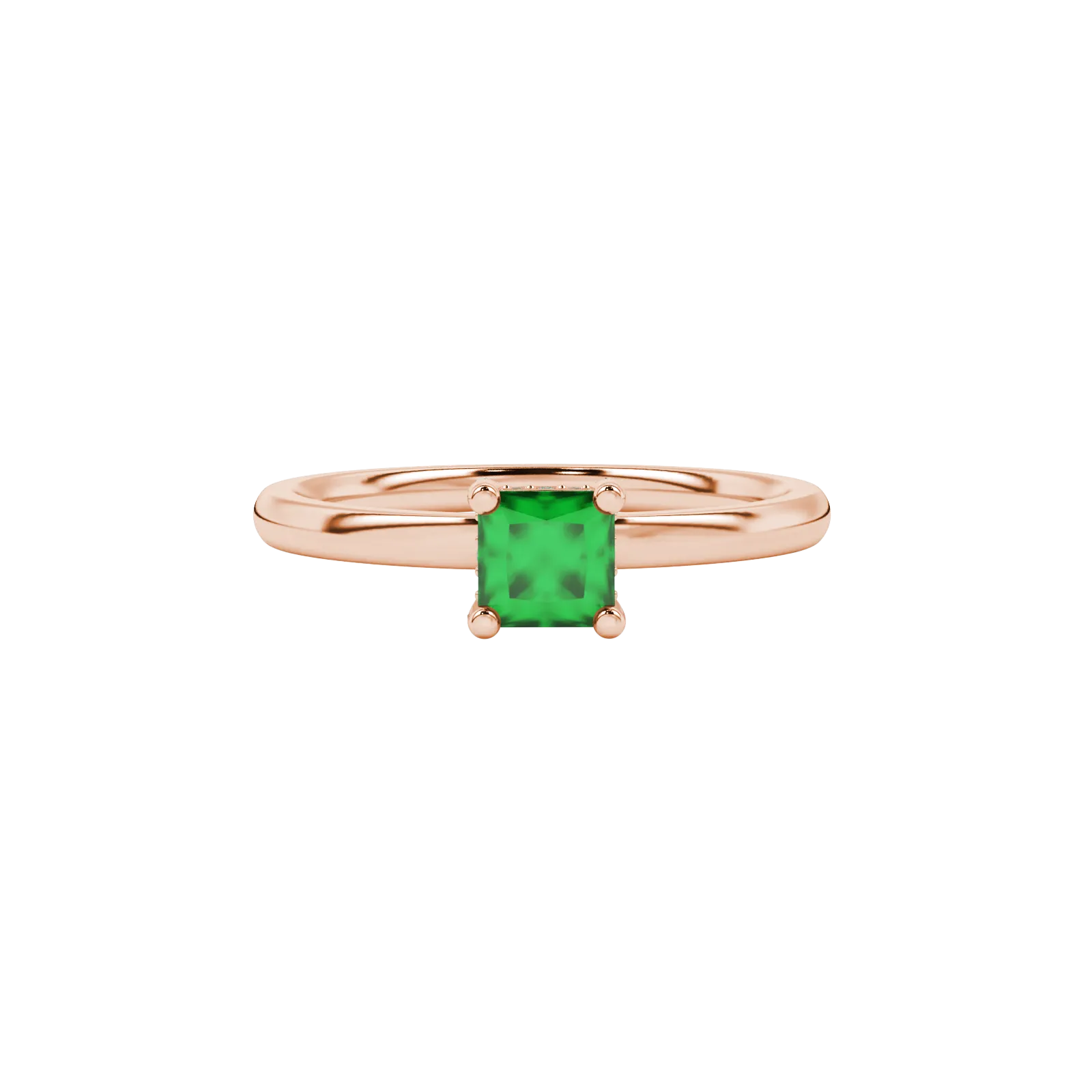 Close-up, princess emerald green gemstone ring, rose gold basket setting.