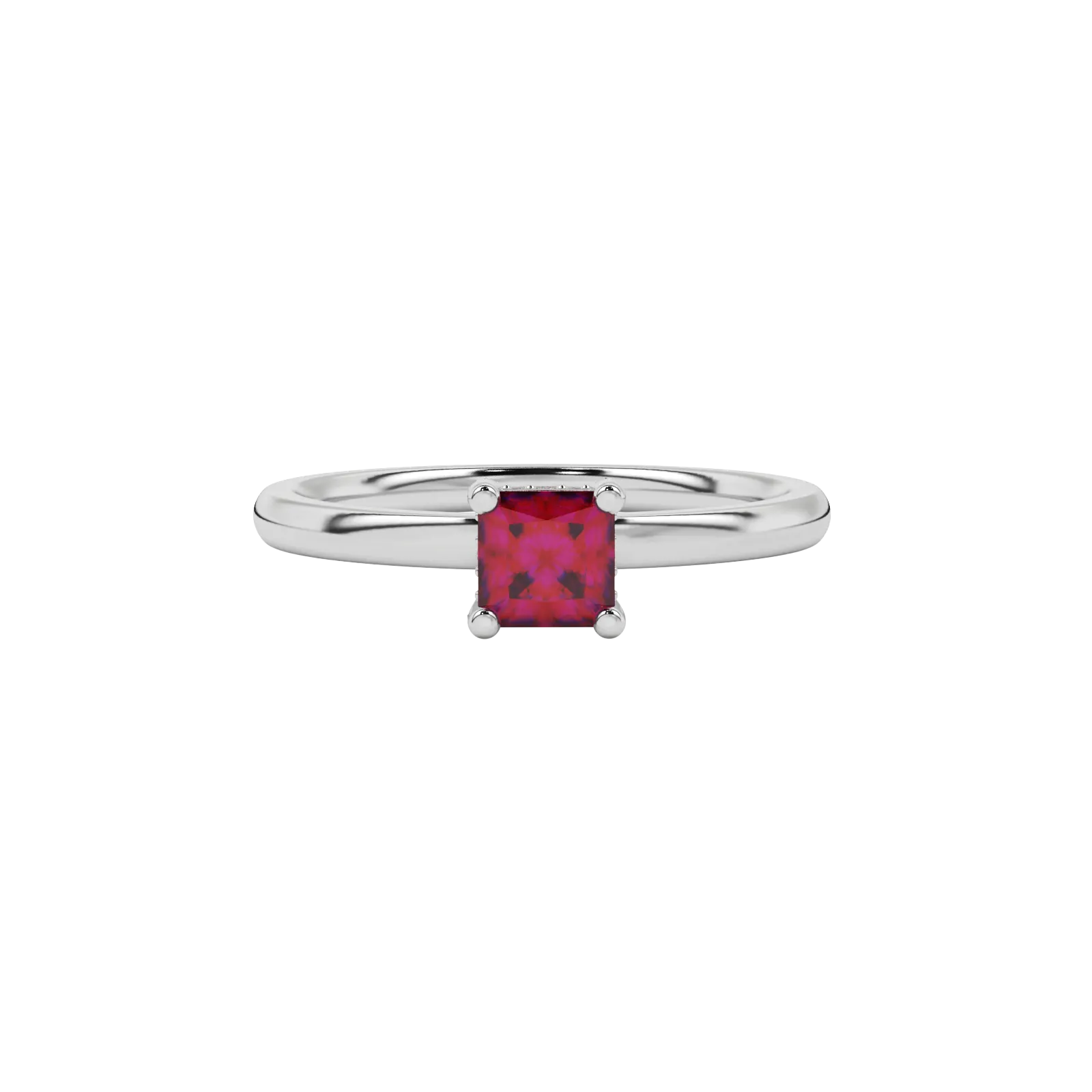 Close-up raspberry red gemstone ring, white gold basket setting.