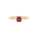 Close-up, princess raspberry red gemstone, yellow gold basket ring.