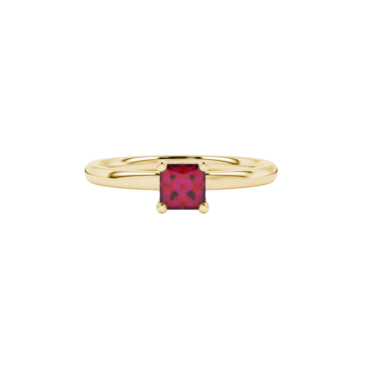 Close-up, princess raspberry red gemstone, yellow gold basket ring.