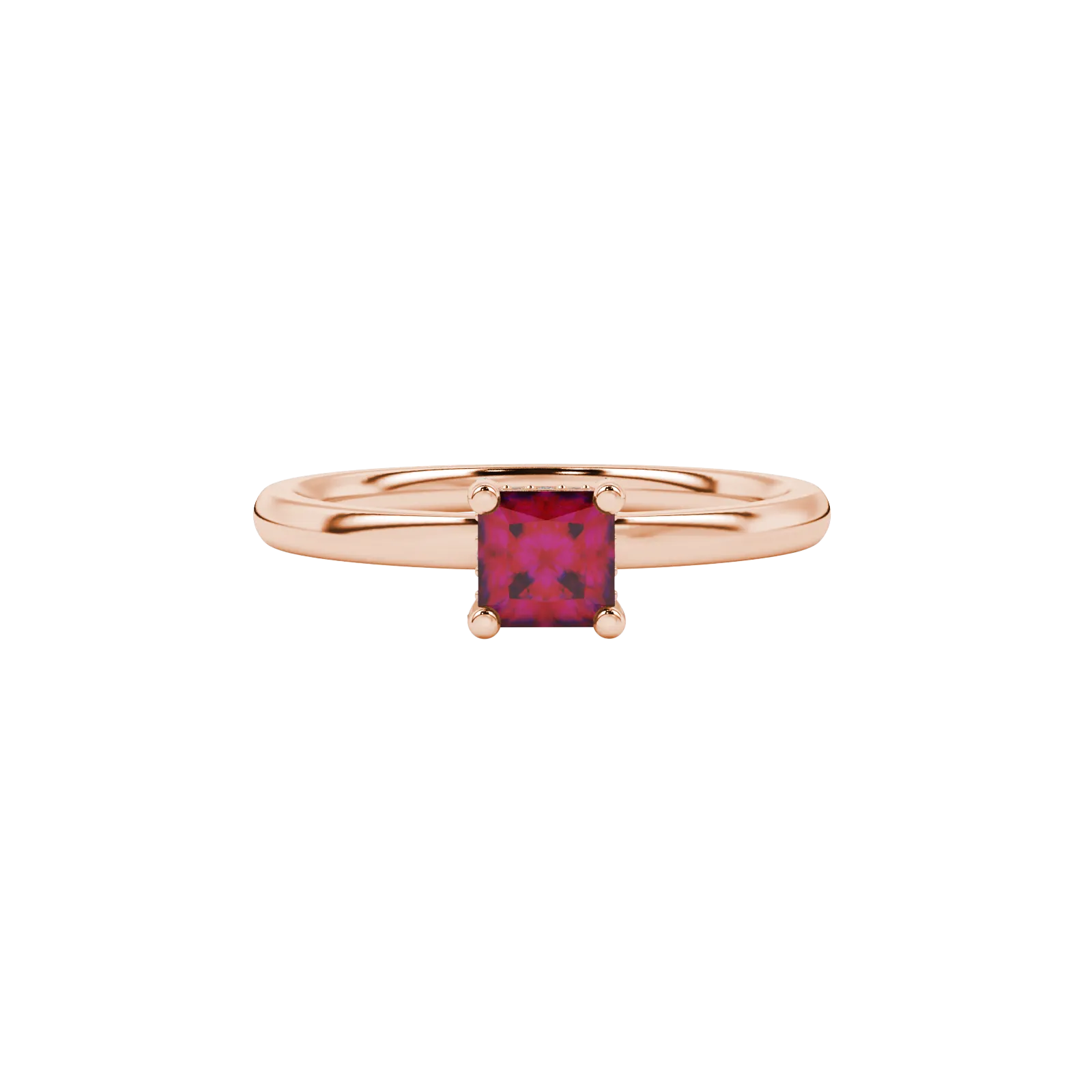 Close-up, princess raspberry red gemstone ring, rose gold basket setting.