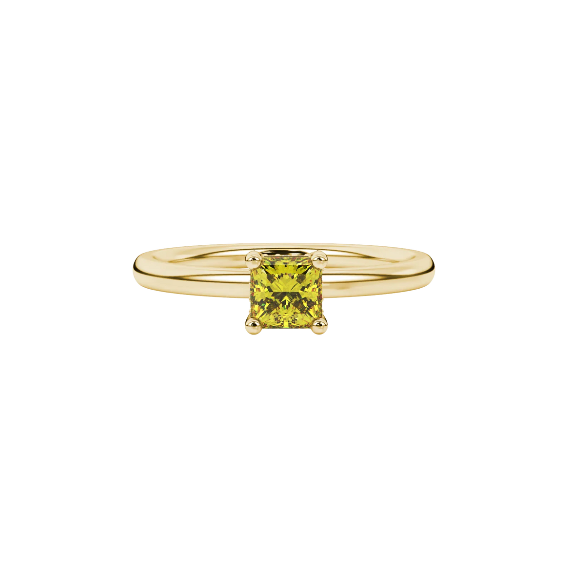 Close-up, princess canary yellow gemstone, yellow gold basket ring.