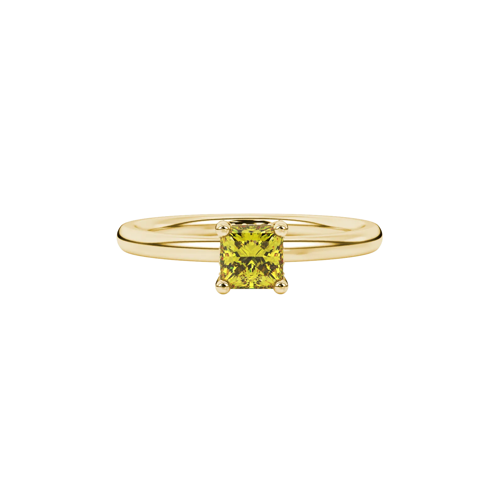Close-up, princess canary yellow gemstone, yellow gold basket ring.