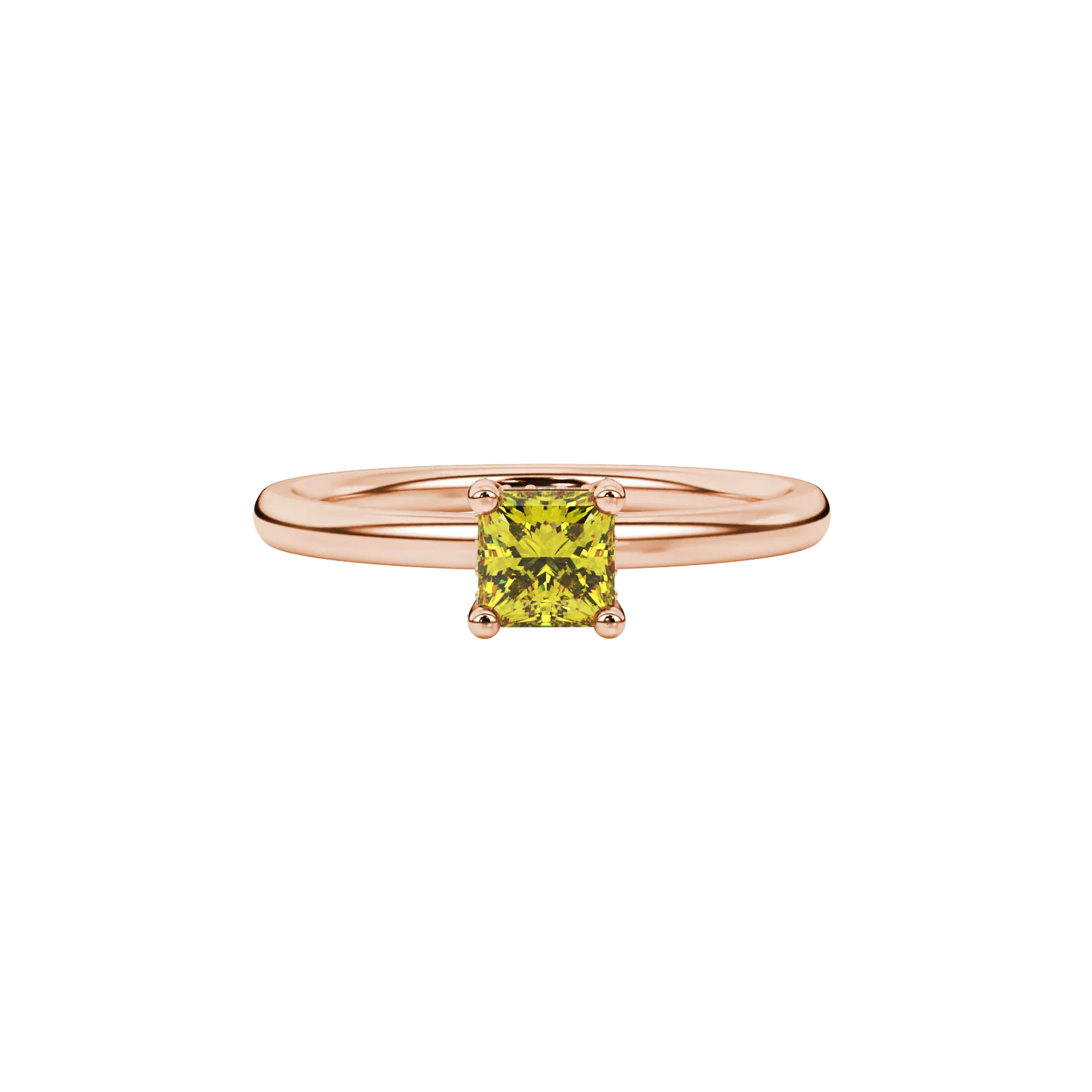 Close-up, princess canary yellow gemstone ring, rose gold basket setting.