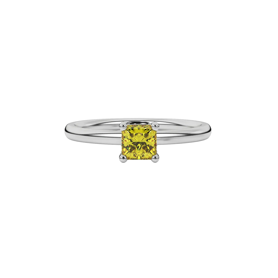 Close-up canary yellow gemstone ring, white gold basket setting.