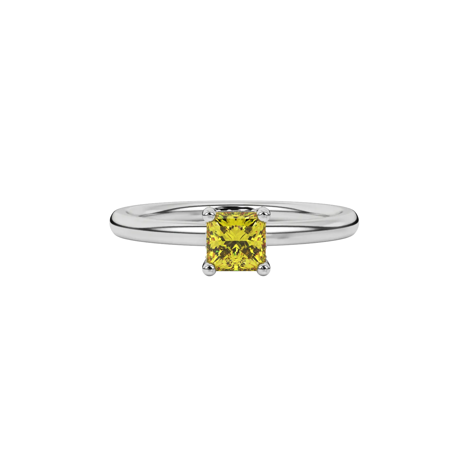 Close-up canary yellow gemstone ring, white gold basket setting.