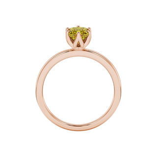 Princess canary yellow gemstone ring, rose gold scalloped six-prong setting.