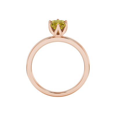 Princess canary yellow gemstone ring, rose gold scalloped six-prong setting.
