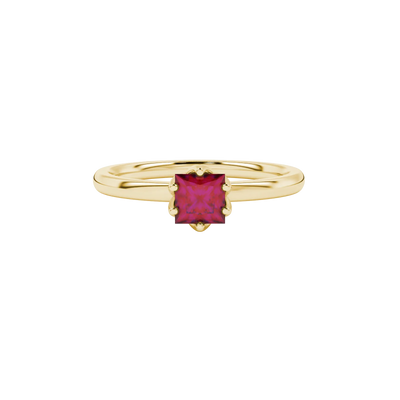 Close-up, princess raspberry red gemstone, yellow gold scalloped ring.