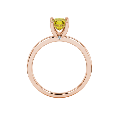 Princess canary yellow gemstone ring, rose gold surprise diamond setting.