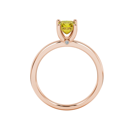 Princess canary yellow gemstone ring, rose gold surprise diamond setting.