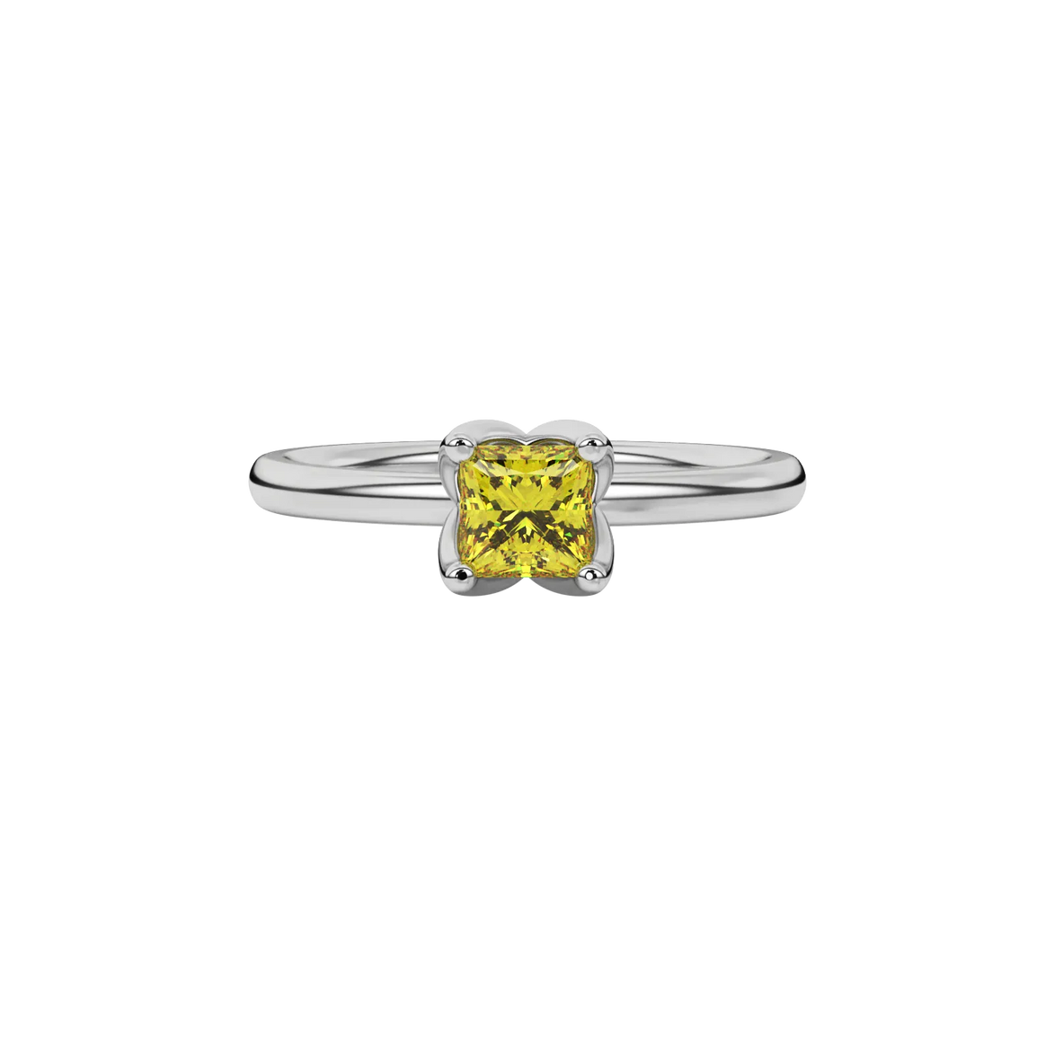 Close-up canary yellow gemstone ring, white gold tulip setting.