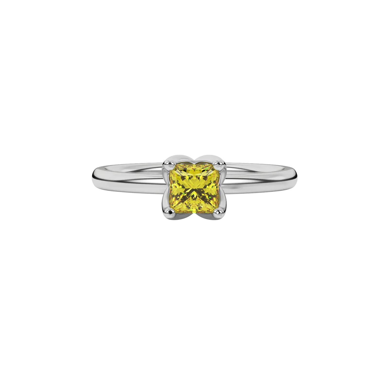 Close-up canary yellow gemstone ring, white gold tulip setting.