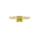 Close-up, princess canary yellow gemstone, yellow gold tulip ring.