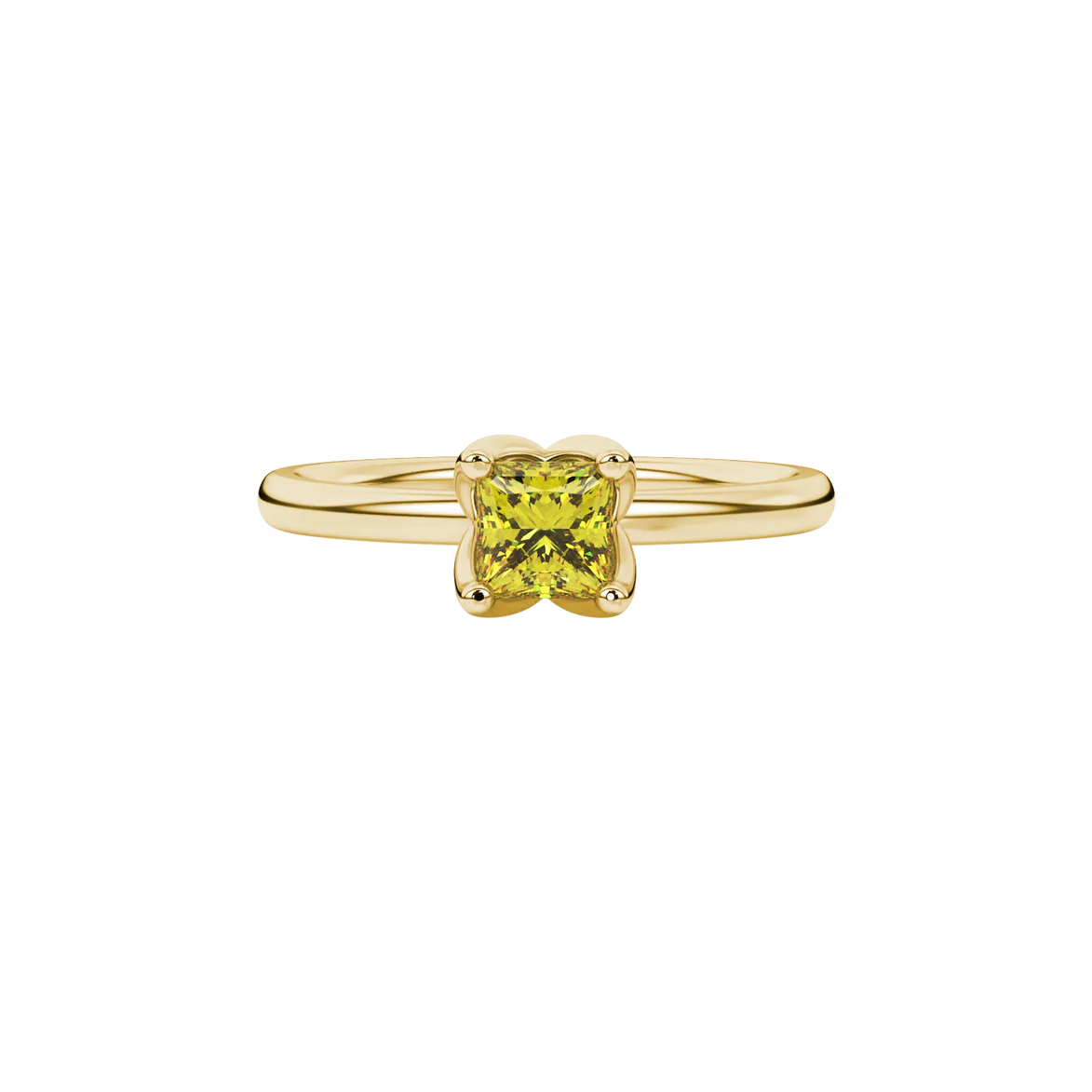 Close-up, princess canary yellow gemstone, yellow gold tulip ring.