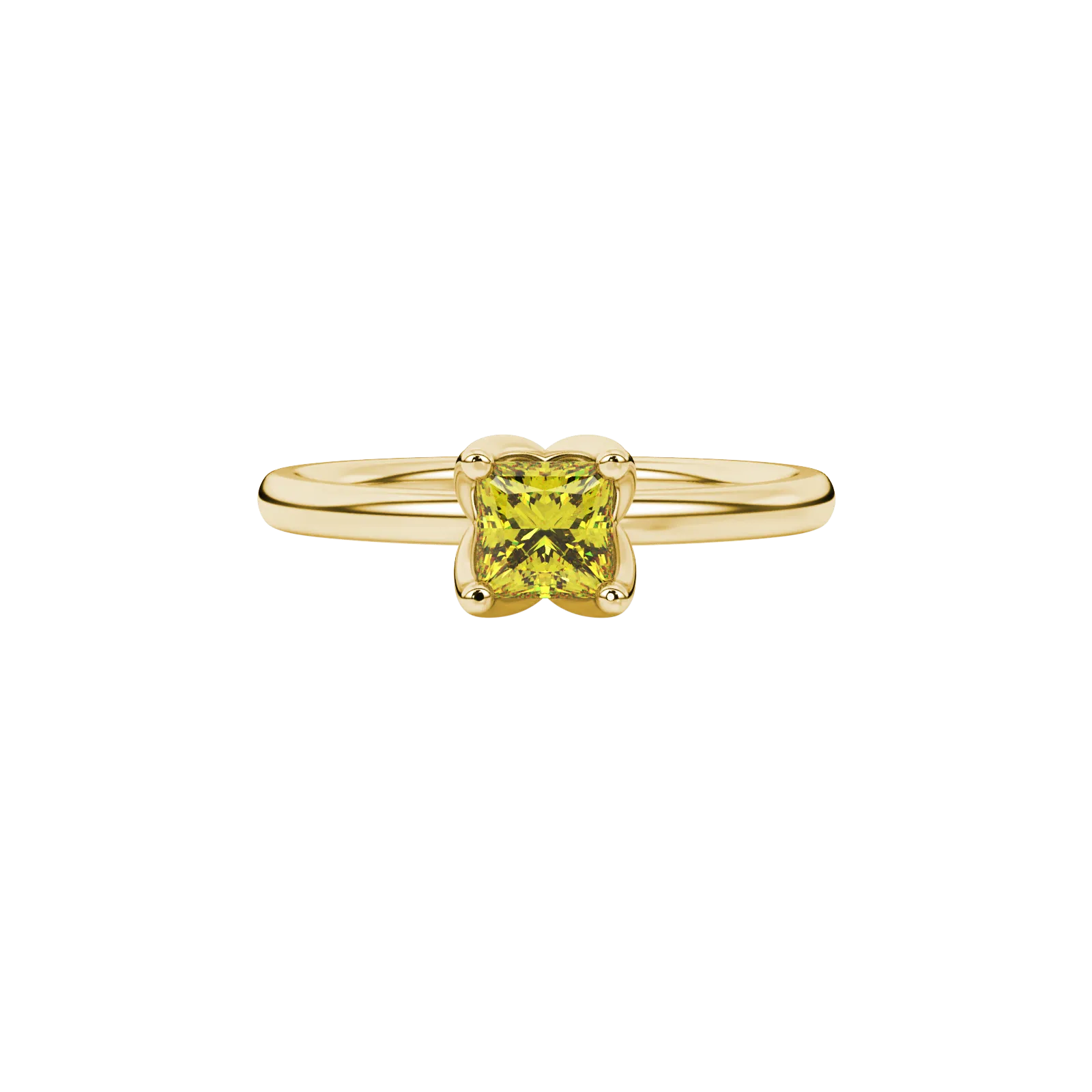 Close-up, princess canary yellow gemstone, yellow gold tulip ring.