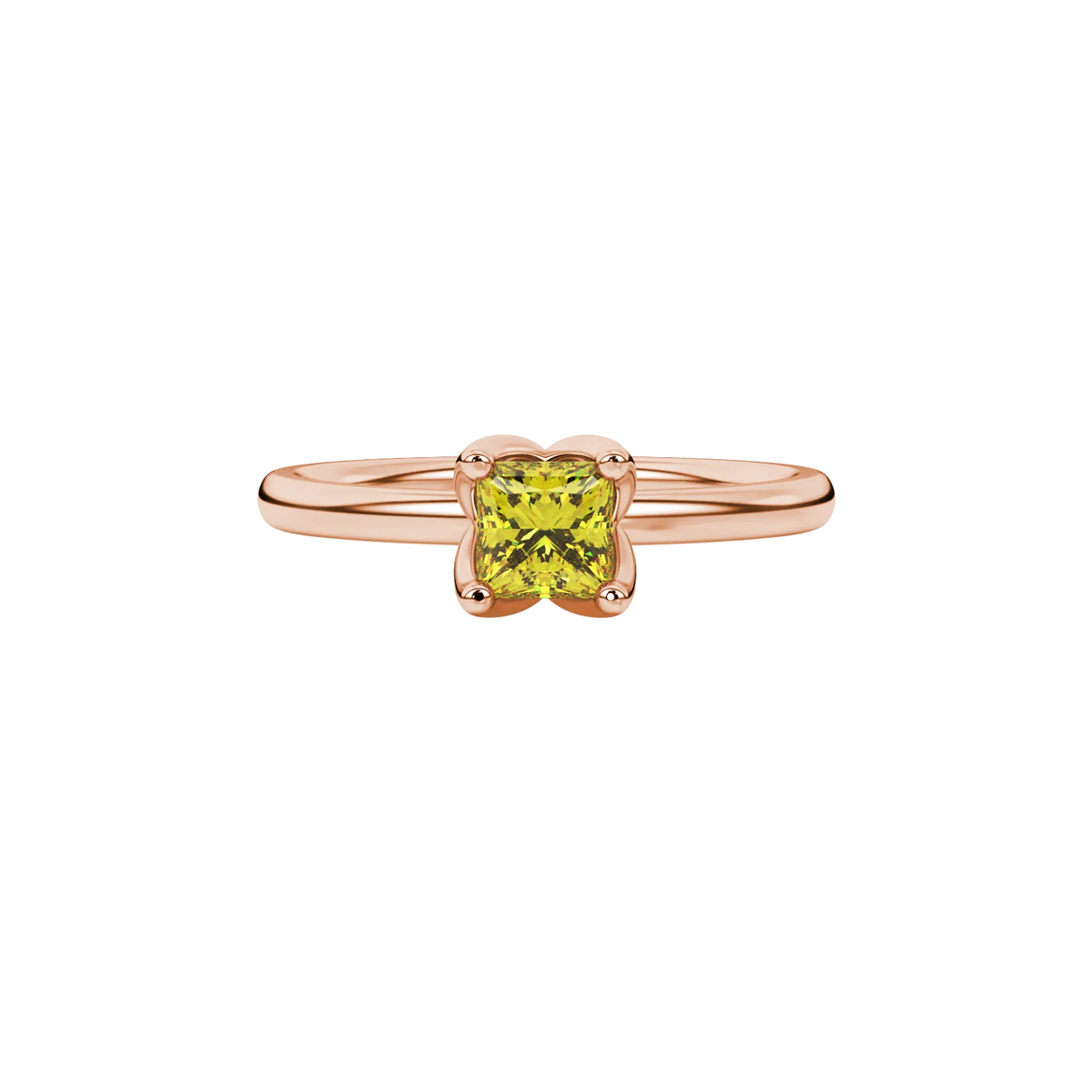 Close-up, princess canary yellow gemstone ring, rose gold tulip setting.