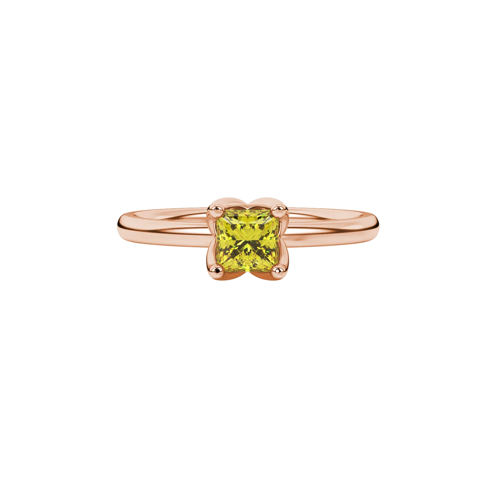 Close-up, princess canary yellow gemstone ring, rose gold tulip setting.