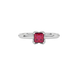 Close-up raspberry red gemstone ring, white gold tulip setting.