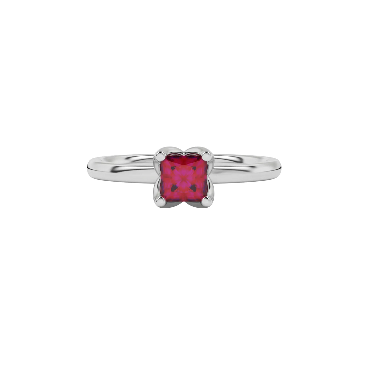 Close-up raspberry red gemstone ring, white gold tulip setting.
