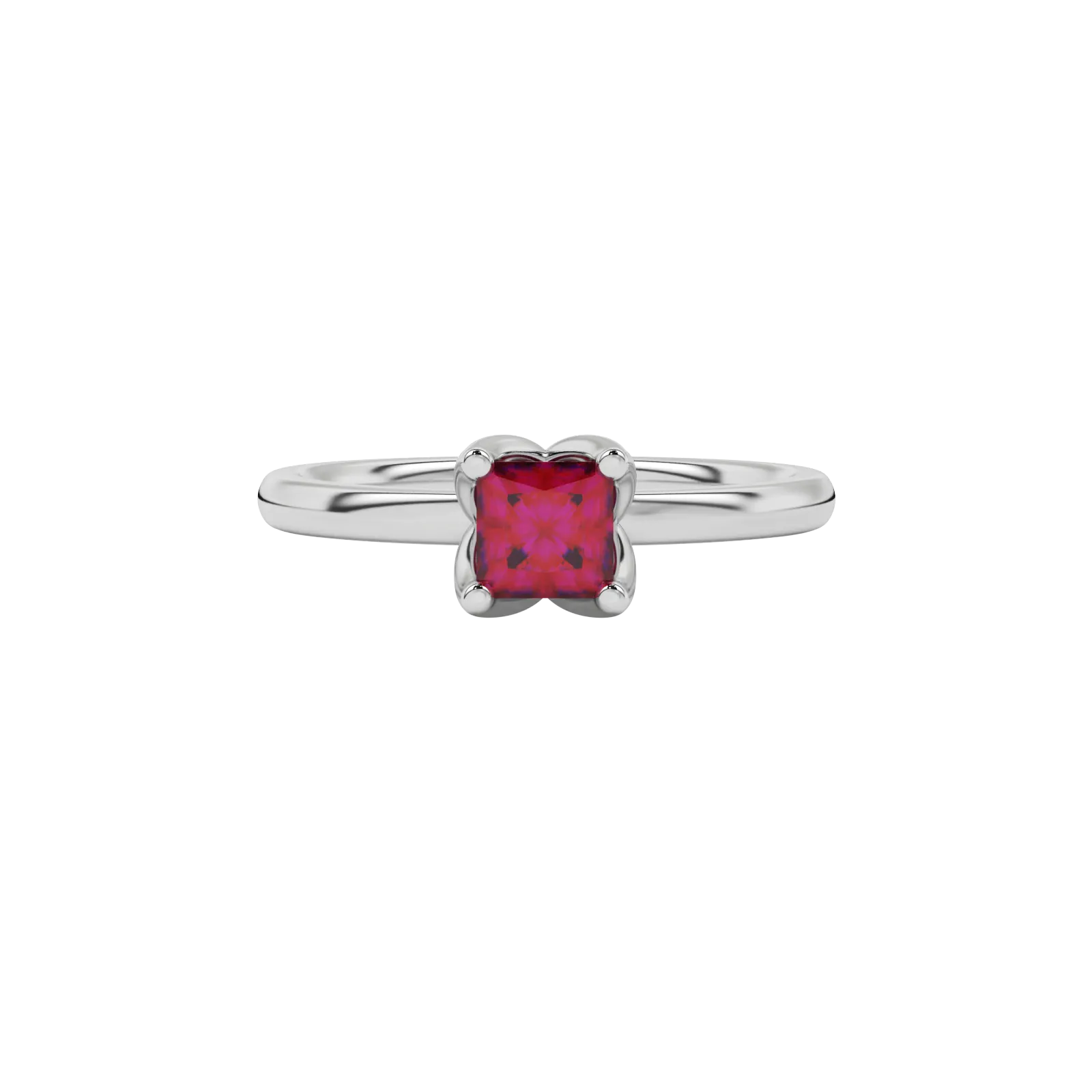 Close-up raspberry red gemstone ring, white gold tulip setting.