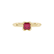 Close-up, princess raspberry red gemstone, yellow gold tulip ring.