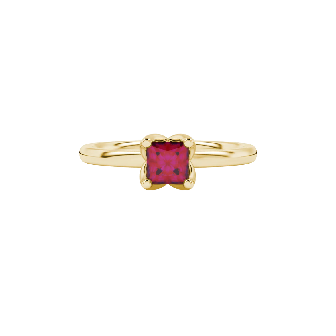 Close-up, princess raspberry red gemstone, yellow gold tulip ring.