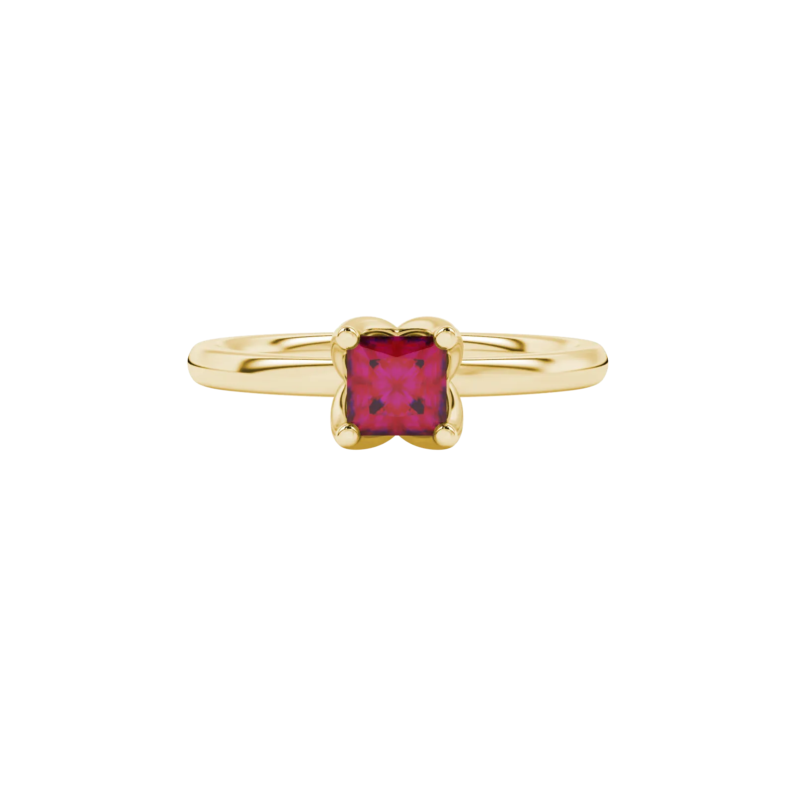 Close-up, princess raspberry red gemstone, yellow gold tulip ring.