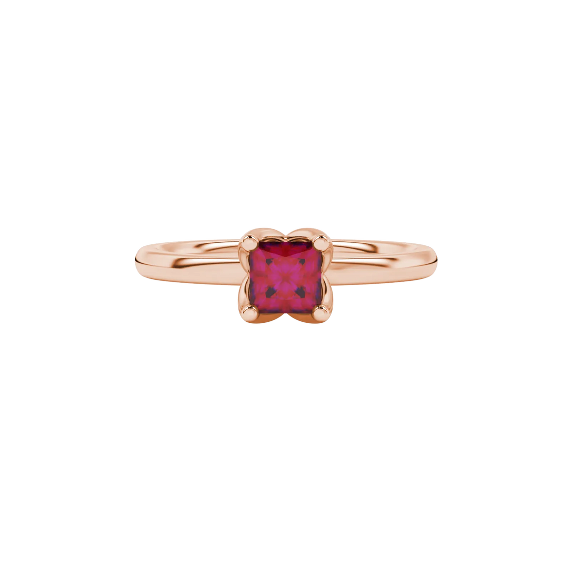 Close-up, princess raspberry red gemstone ring, rose gold tulip setting