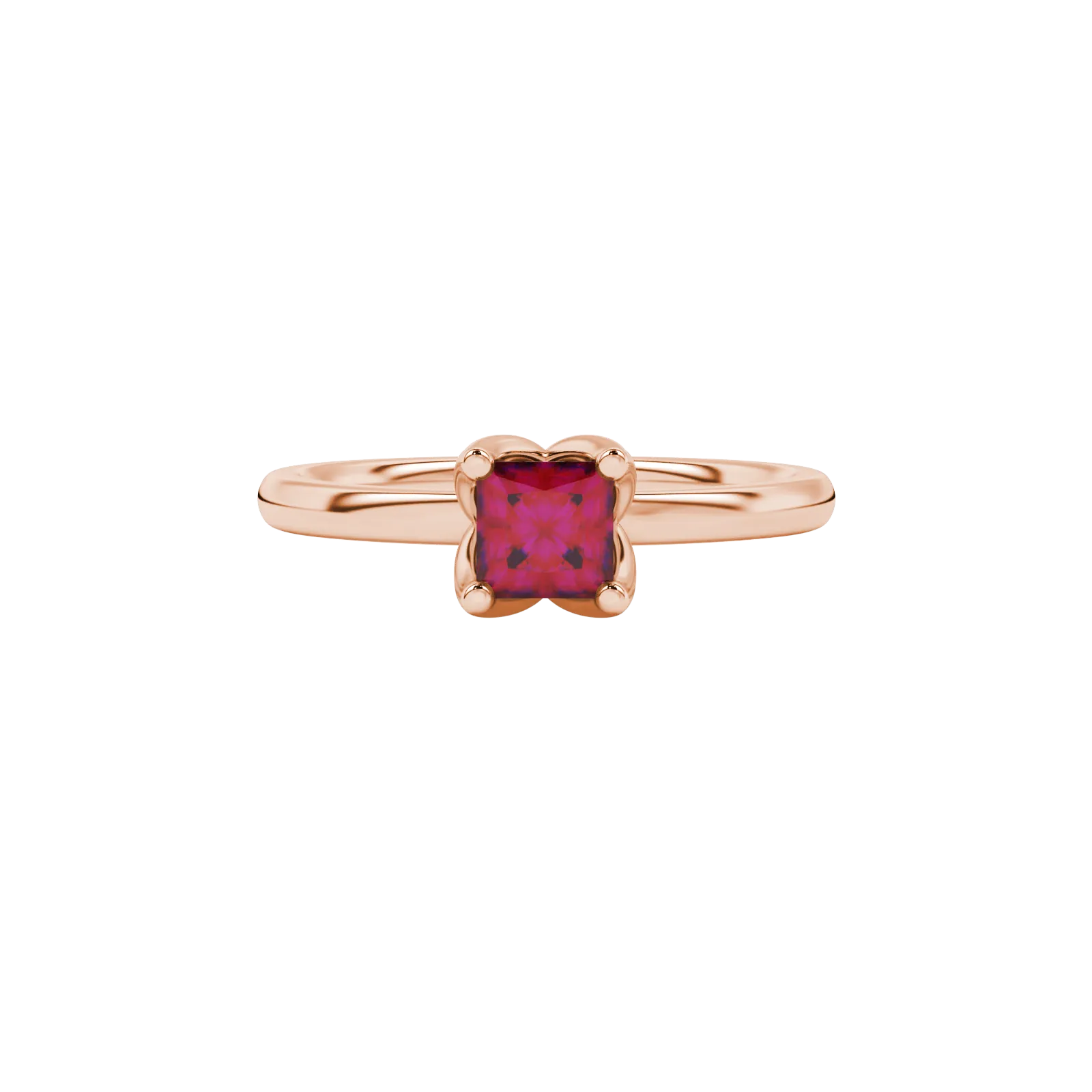 Close-up, princess raspberry red gemstone ring, rose gold tulip setting