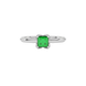 Close-up emerald green gemstone ring, white gold tulip setting.