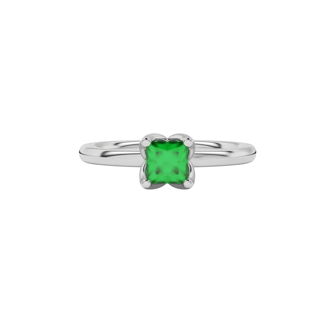 Close-up emerald green gemstone ring, white gold tulip setting.