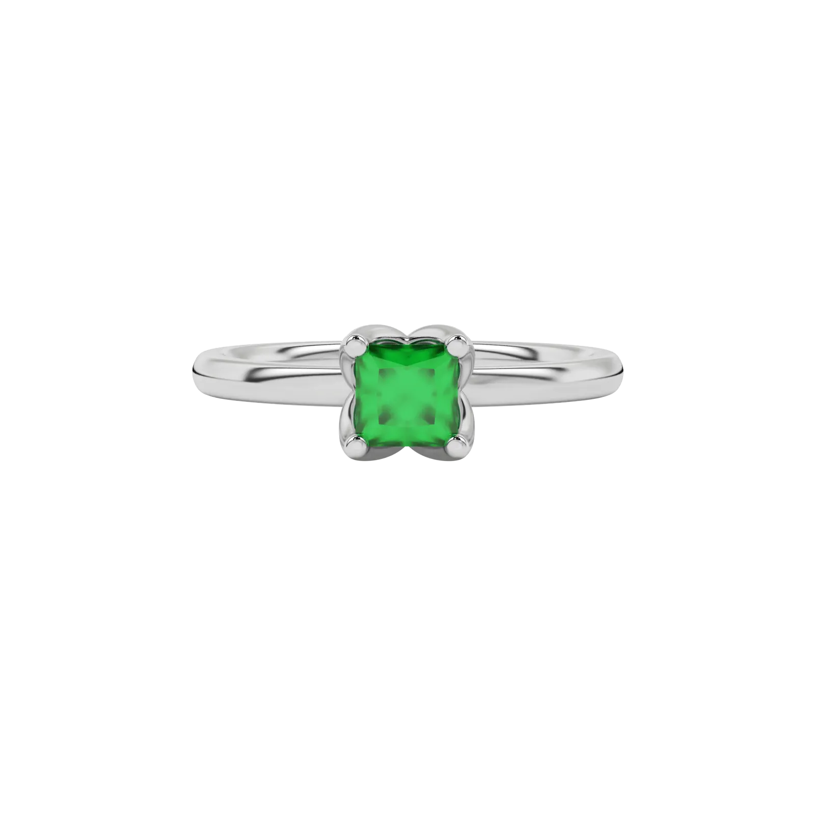Close-up emerald green gemstone ring, white gold tulip setting.