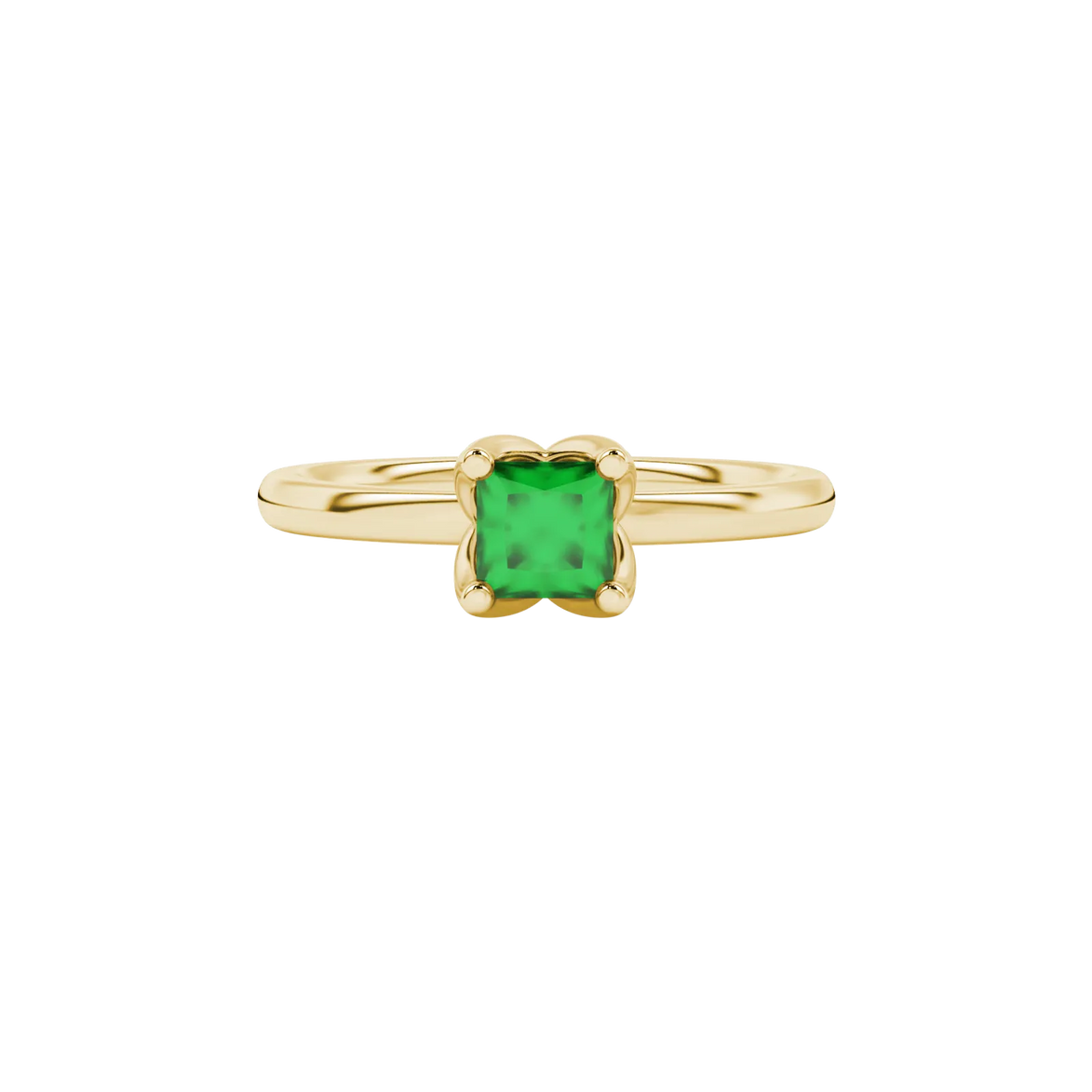 Close-up, princess emerald green gemstone, yellow gold tulip ring.