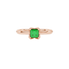 Close-up, princess emerald green gemstone ring, rose gold tulip setting.