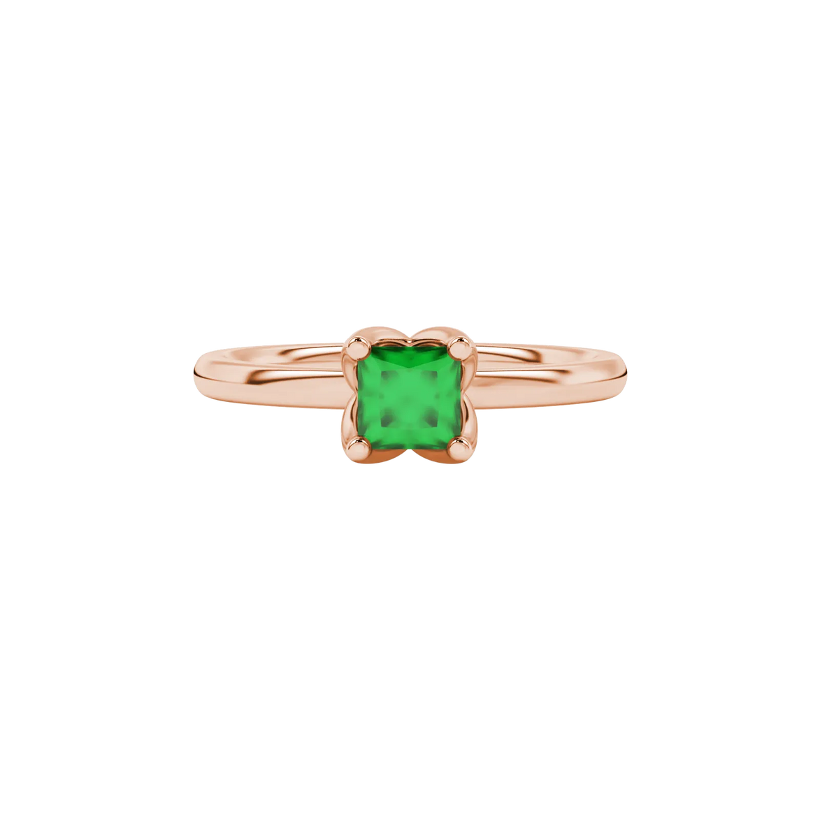 Close-up, princess emerald green gemstone ring, rose gold tulip setting.