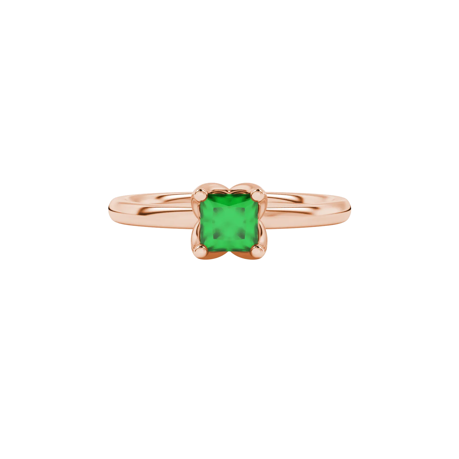 Close-up, princess emerald green gemstone ring, rose gold tulip setting.