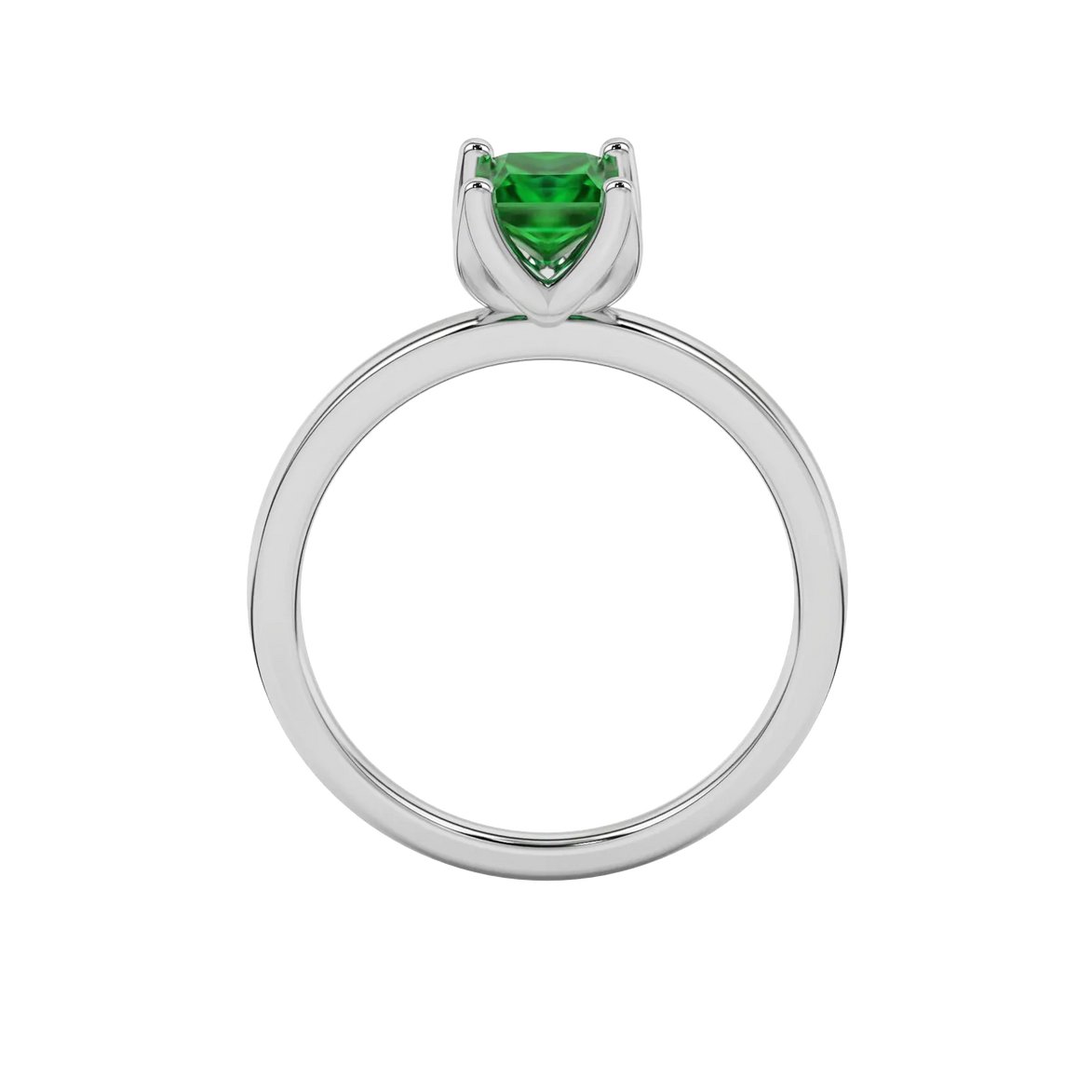 Princess emerald green gemstone ring, white gold tulip basket setting.