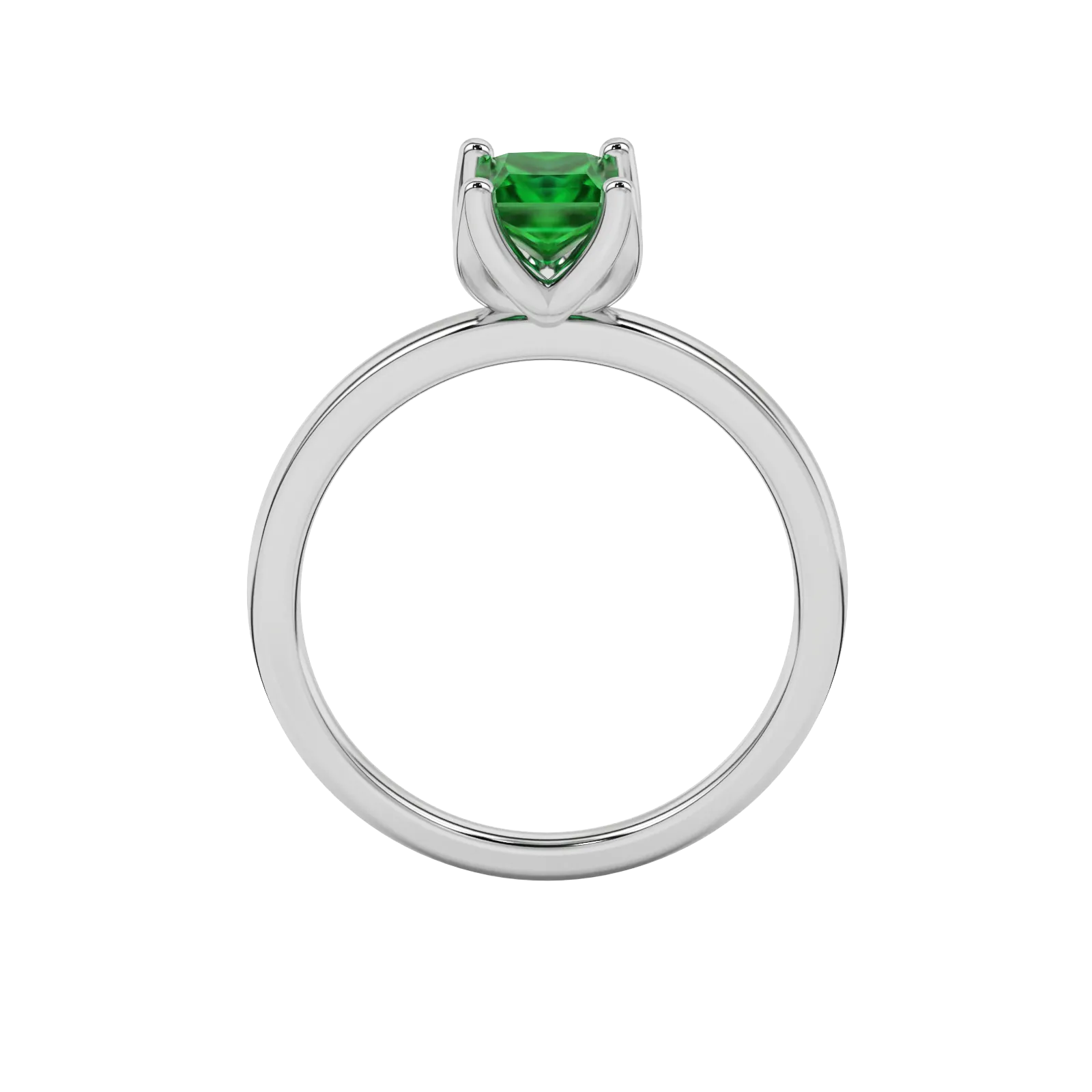 Princess emerald green gemstone ring, white gold tulip basket setting.