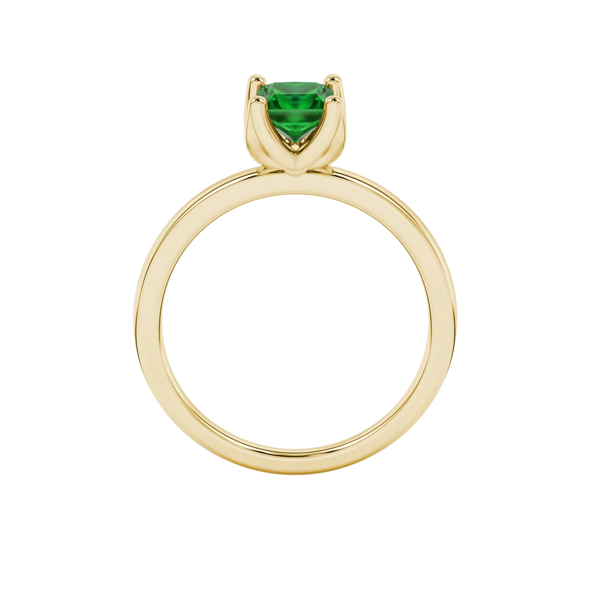 Princess emerald green gemstone ring, yellow gold tulip basket setting.
