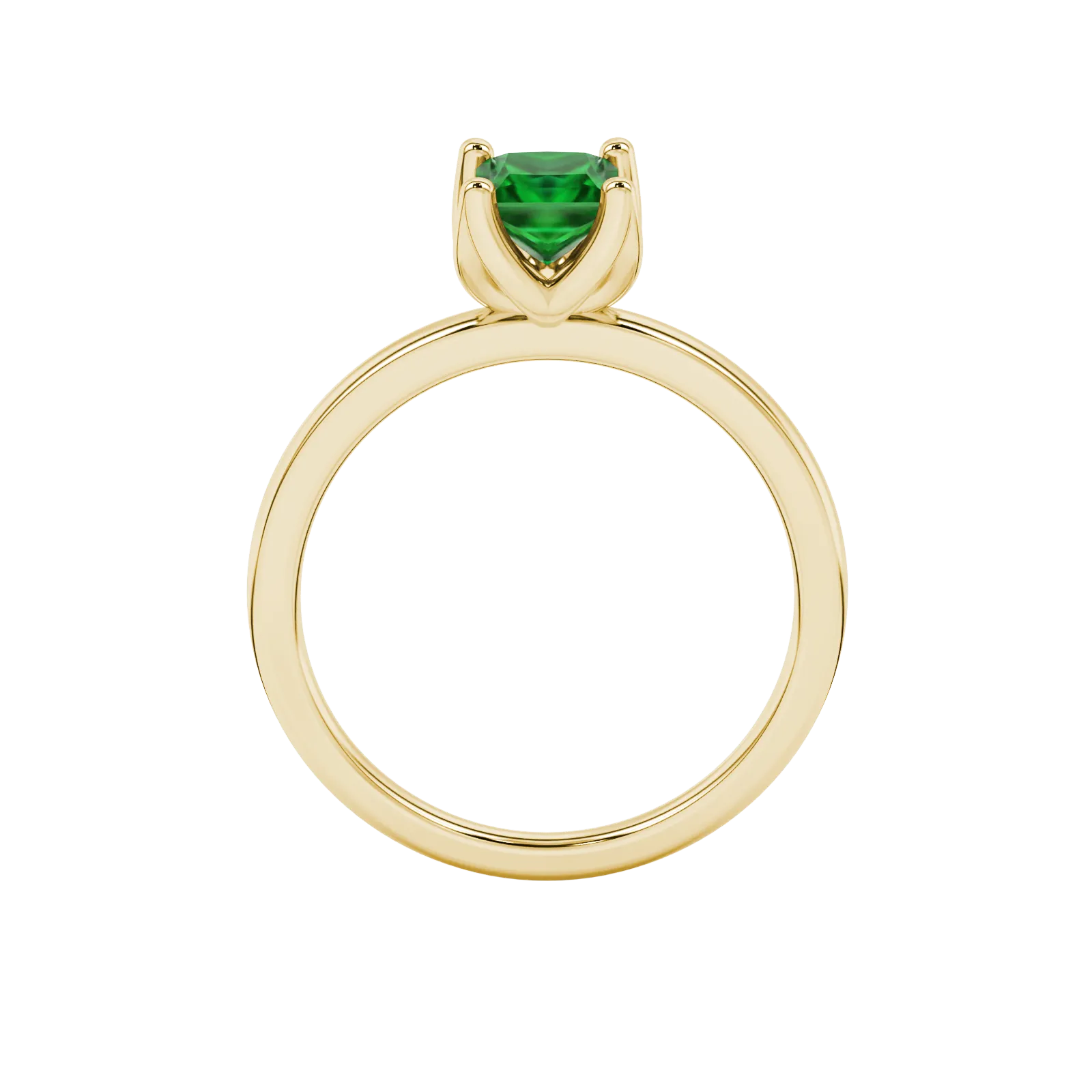 Princess emerald green gemstone ring, yellow gold tulip basket setting.