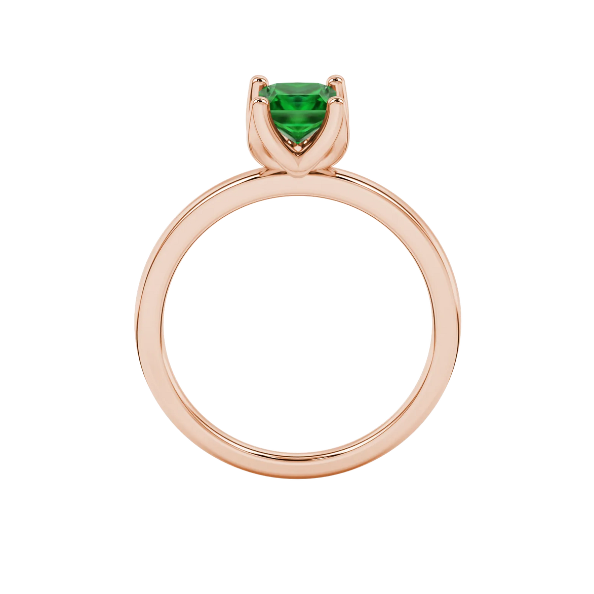 Princess emerald green gemstone ring, rose gold tulip basket setting.