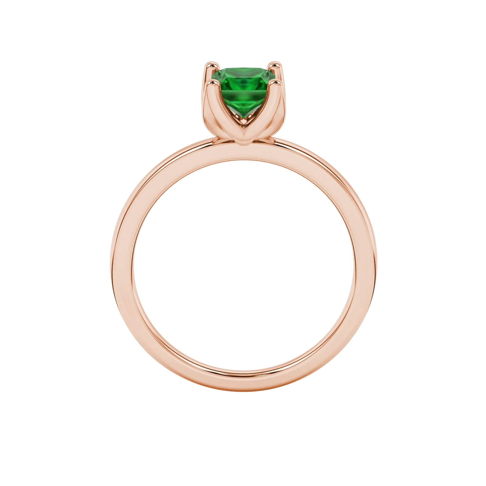 Princess emerald green gemstone ring, rose gold tulip basket setting.