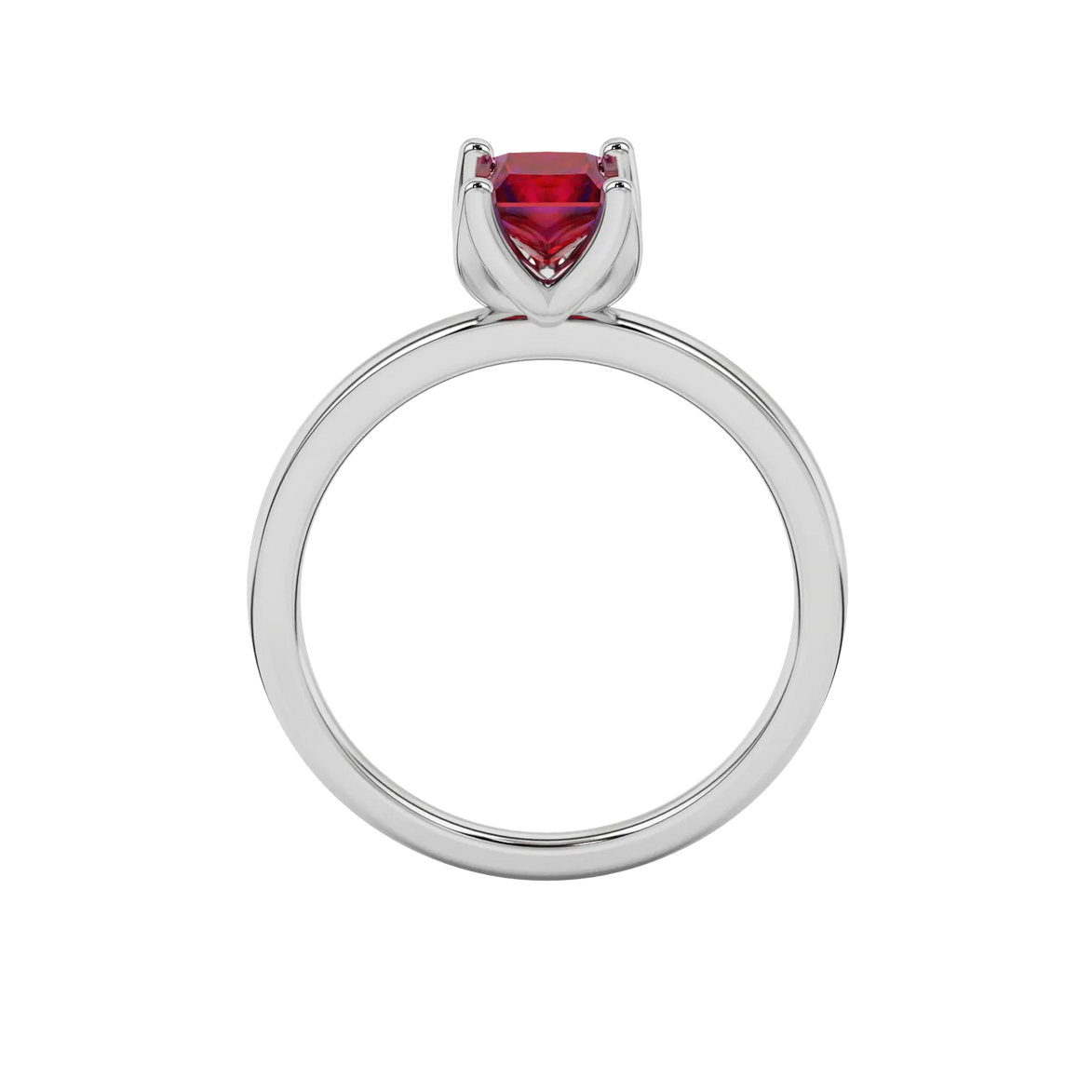 Princess raspberry red gemstone ring, white gold tulip basket setting.