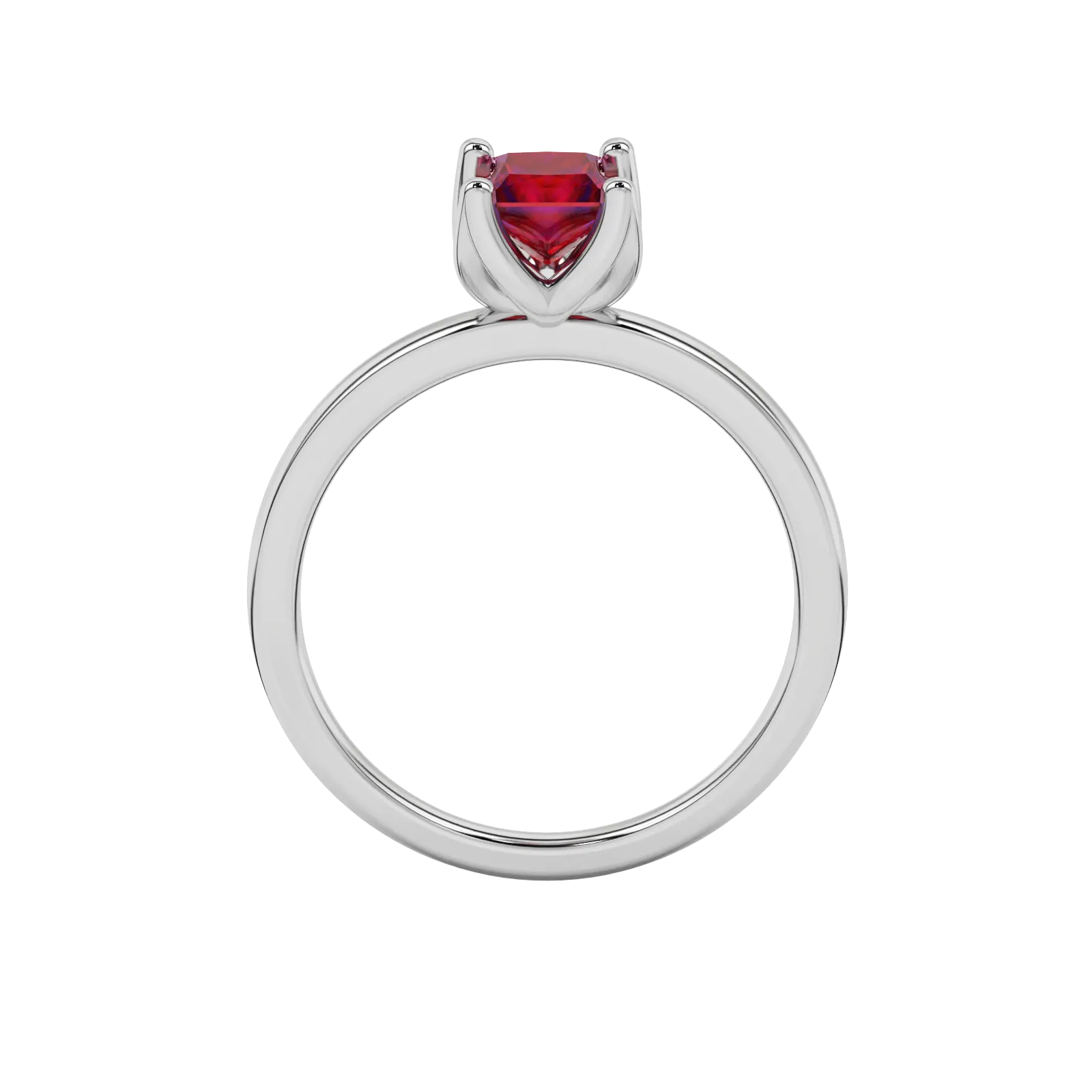 Princess raspberry red gemstone ring, white gold tulip basket setting.