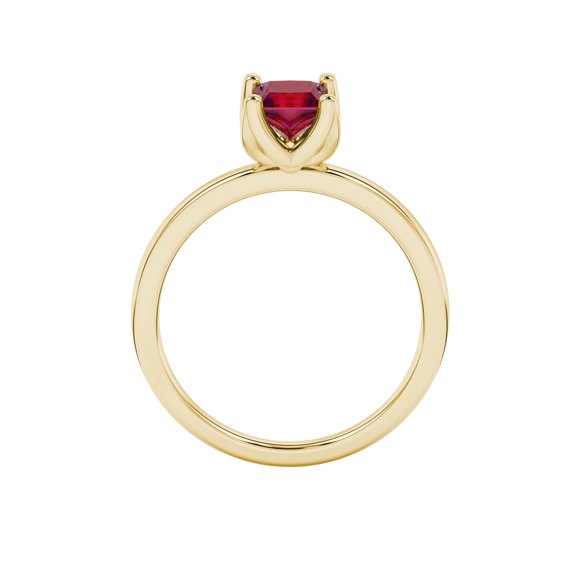 Princess raspberry red gemstone ring, yellow gold tulip basket setting.