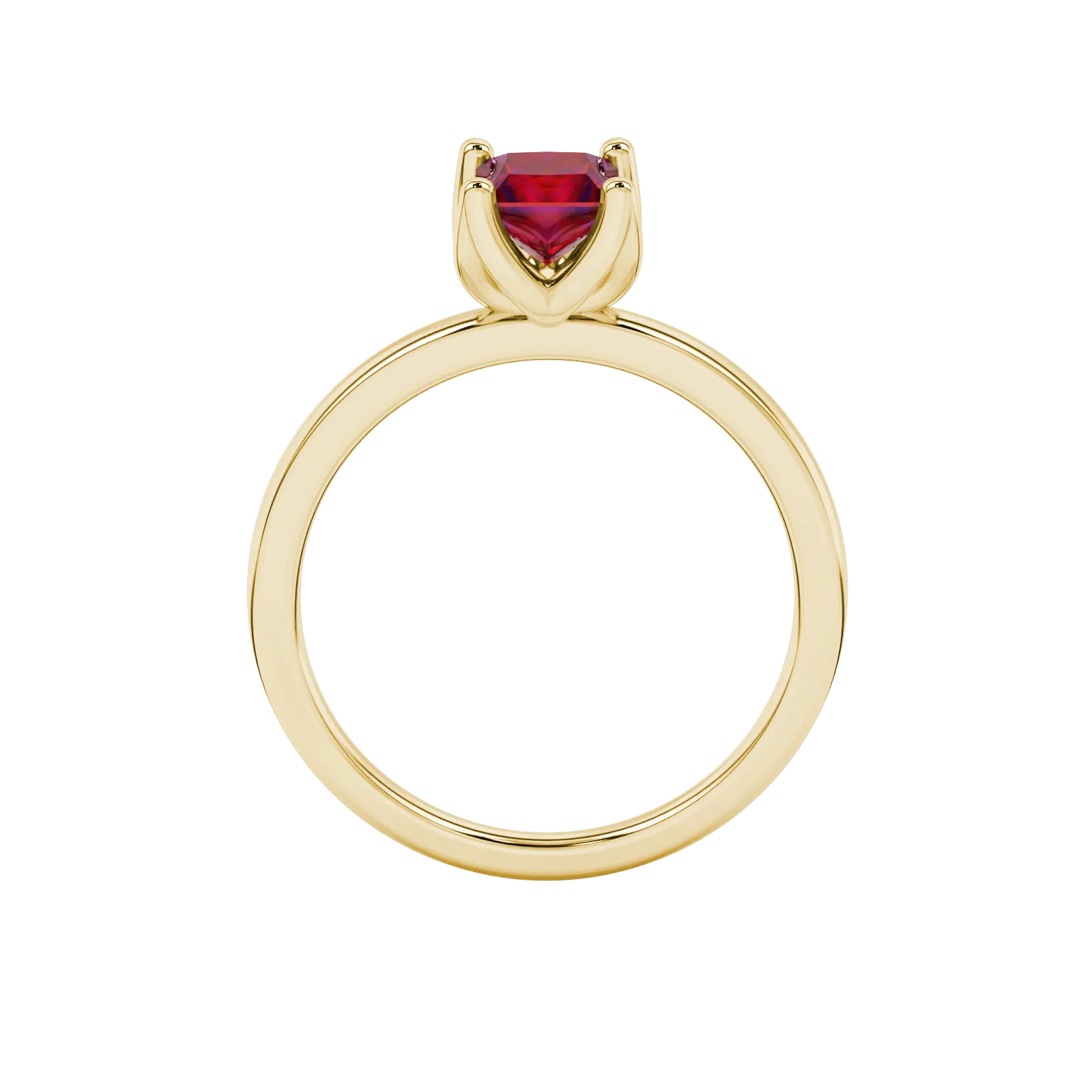 Princess raspberry red gemstone ring, yellow gold tulip basket setting.