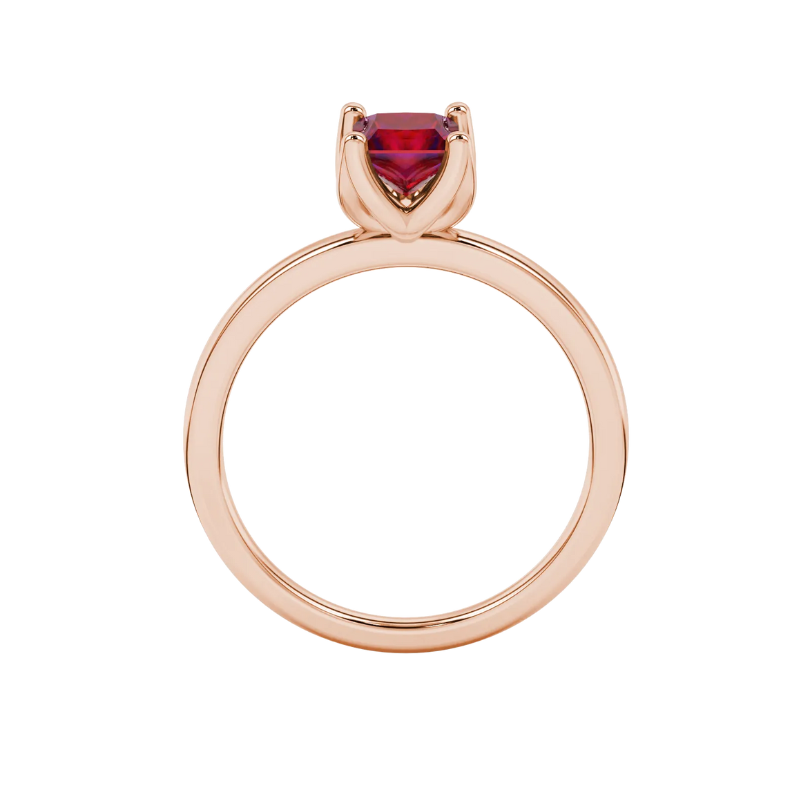 Princess raspberry red gemstone ring, rose gold tulip basket setting.