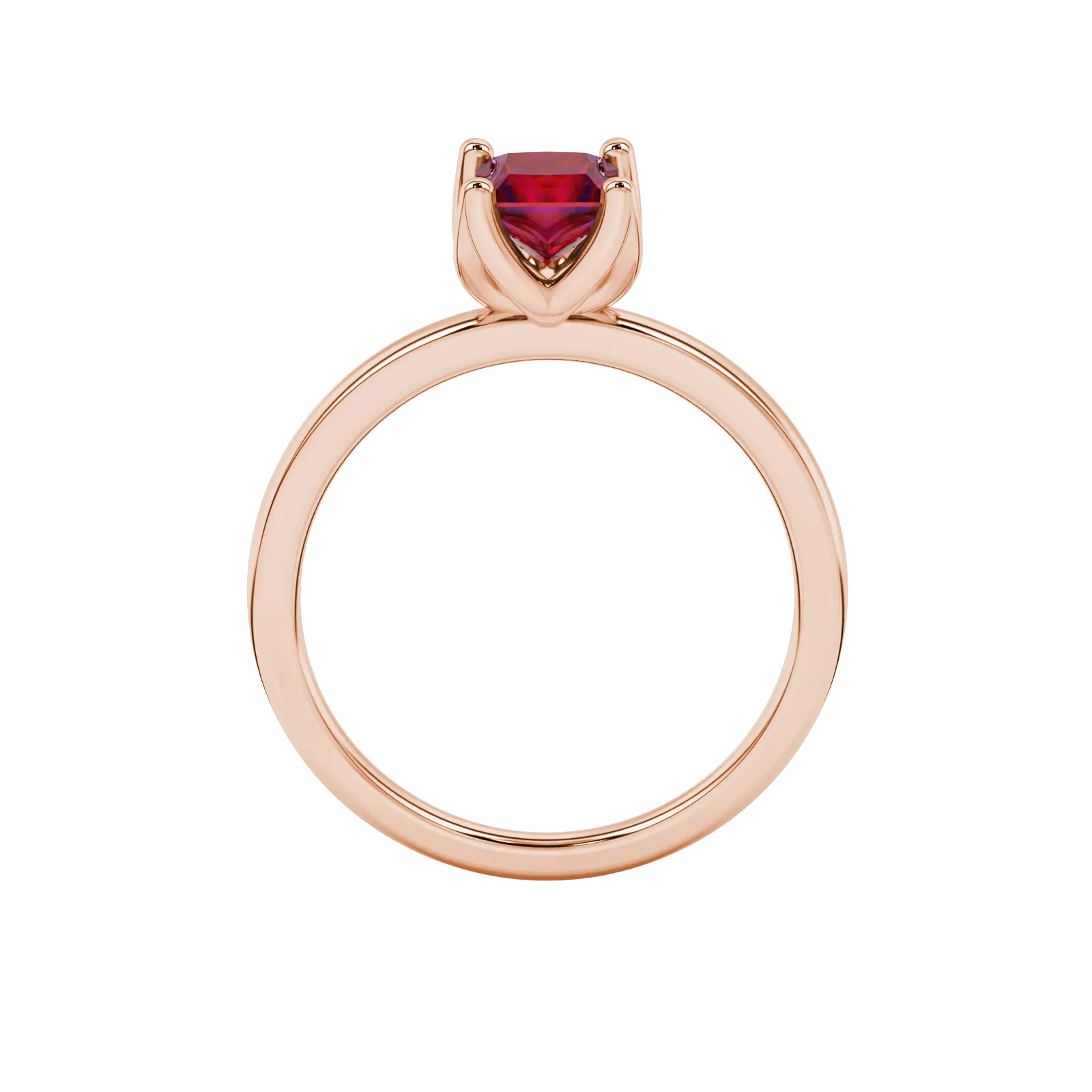 Princess raspberry red gemstone ring, rose gold tulip basket setting.